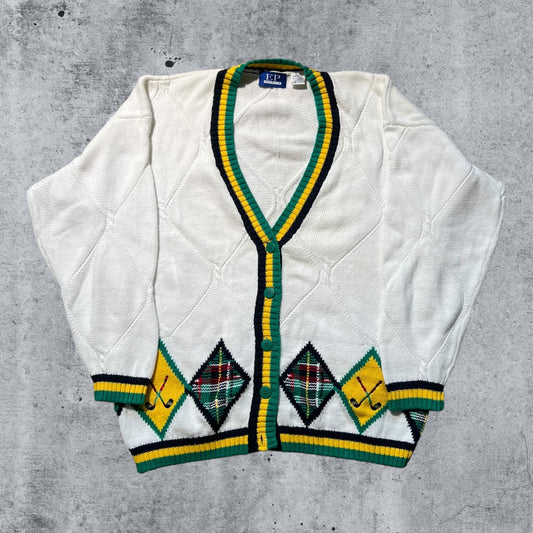 Oversized Medium 90s White, Green, Yellow & Plaid EP Pro Argyle Patterned Knit Golf Cardigan