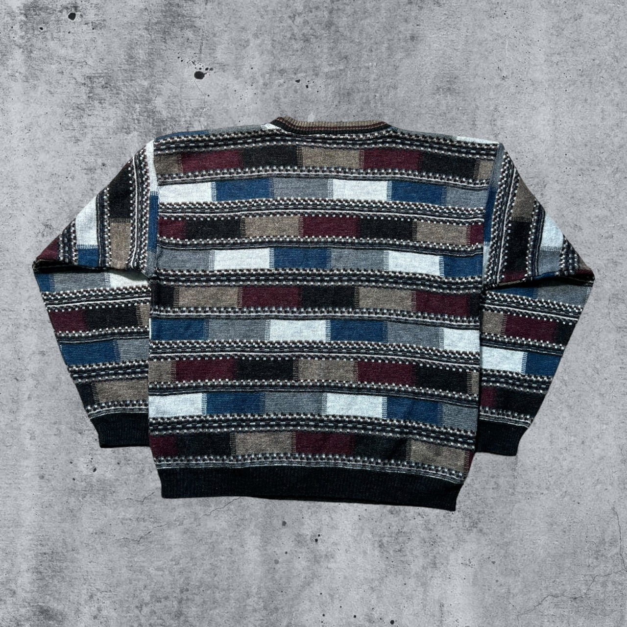 Large 90s Earth Tone Multicolor Brick Patterned Knit Sweater