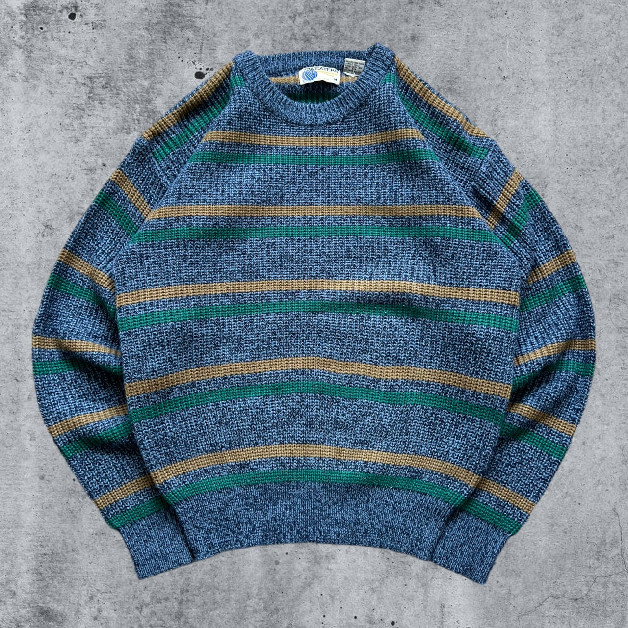 Medium 80s Blue, Green & Yellow Striped Acrylic Sweater