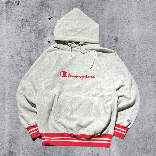 Large 90s Heather Grey Spellout Champion Reverse Weave Hoodie with Red Ribbing