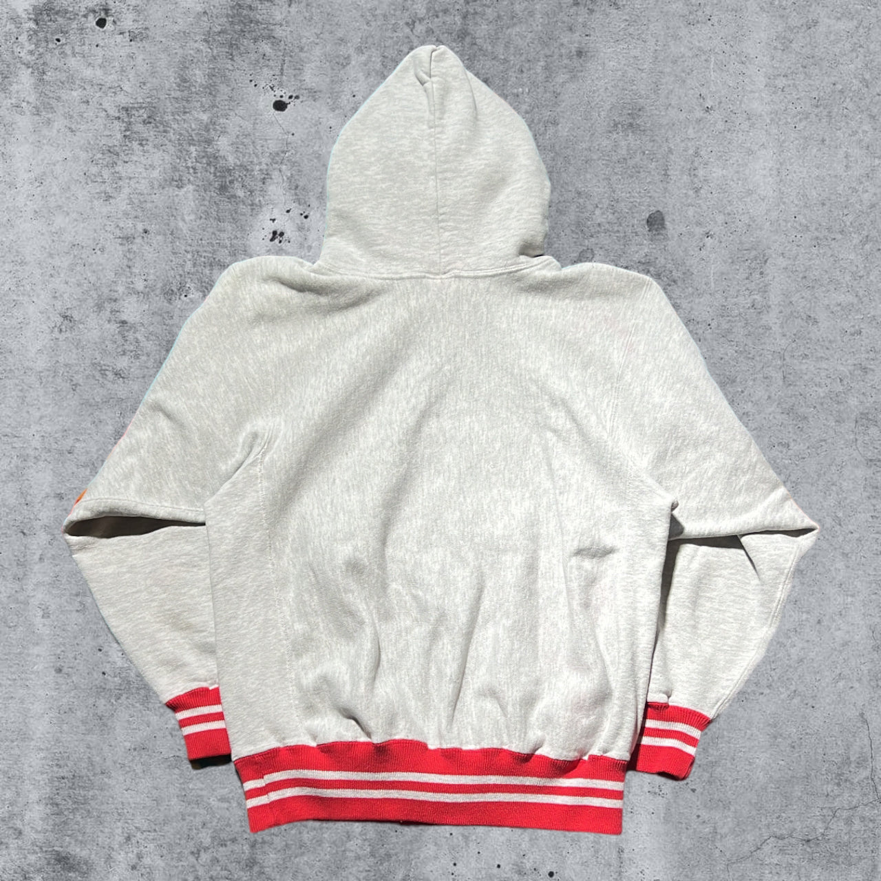 Large 90s Heather Grey Spellout Champion Reverse Weave Hoodie with Red Ribbing