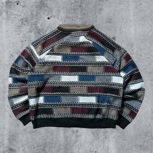 Large 90s Earth Tone Multicolor Brick Patterned Knit Sweater