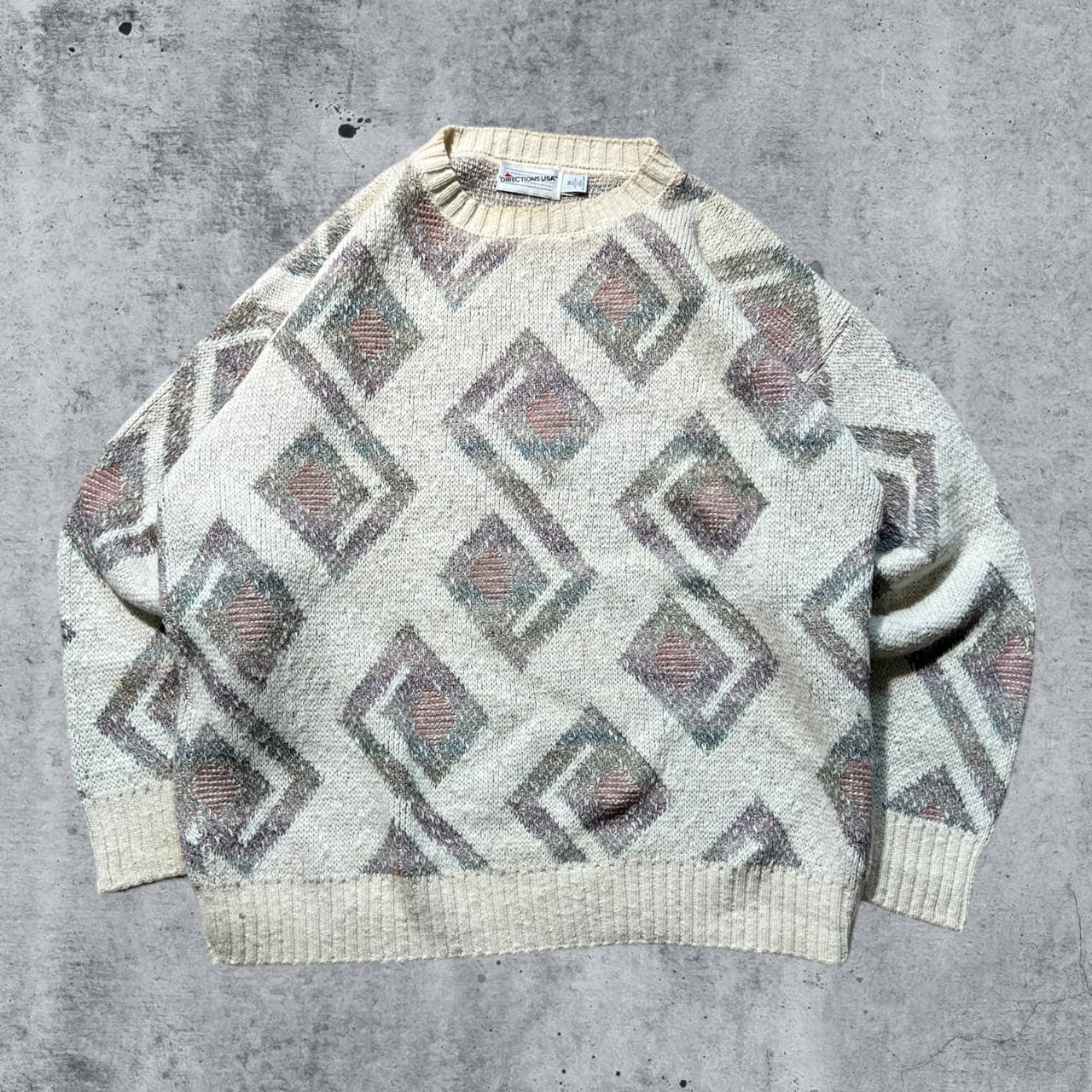 Oversized Medium 90s Directions USA Cream Geometric Diamond 'S' Patterned knit sweater