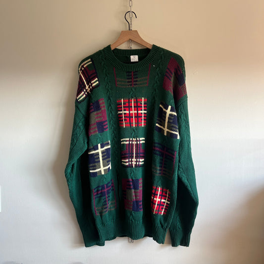 XL 90s green multi-plaid cotton sweater