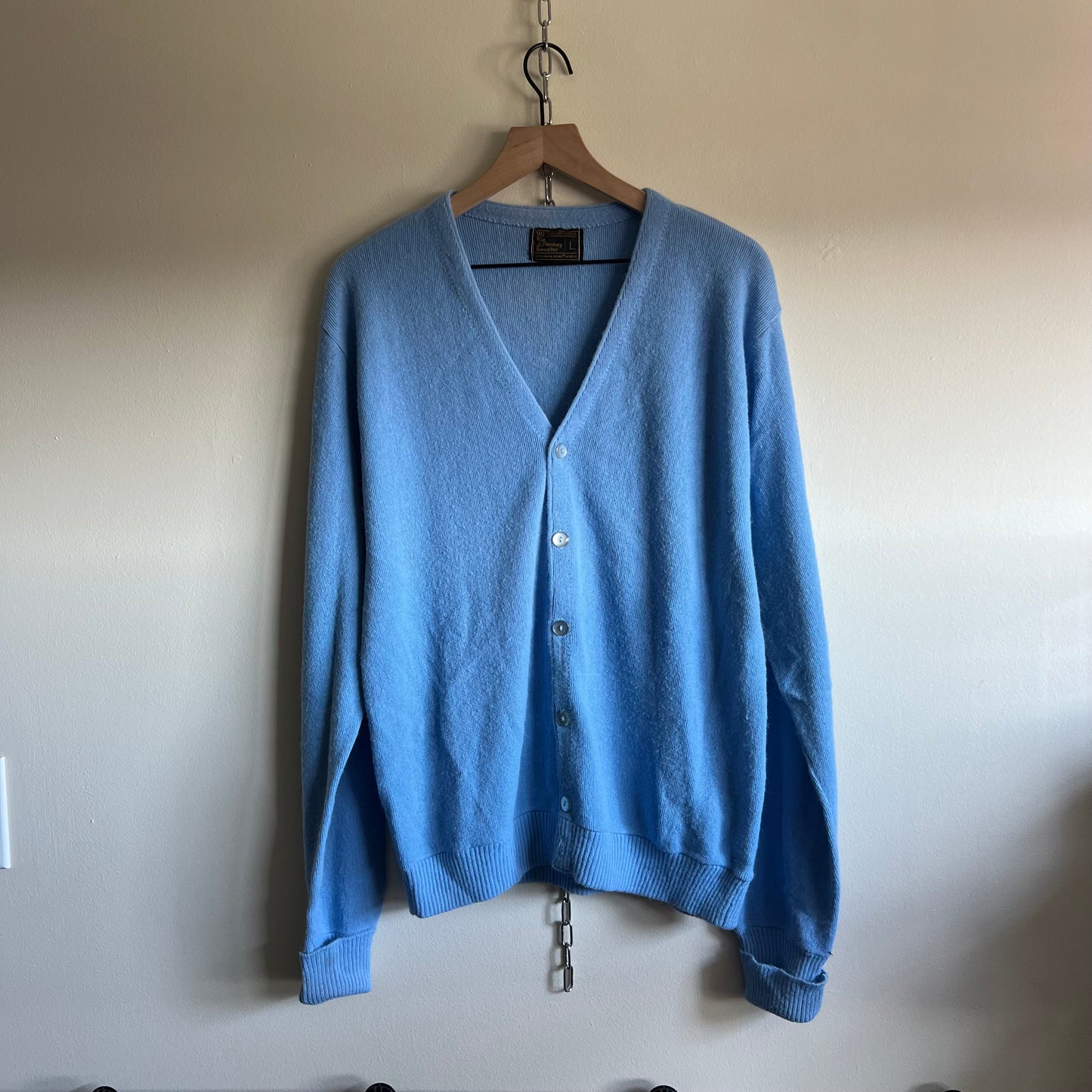 Large 70s JCPenny blue acrylic cardigan