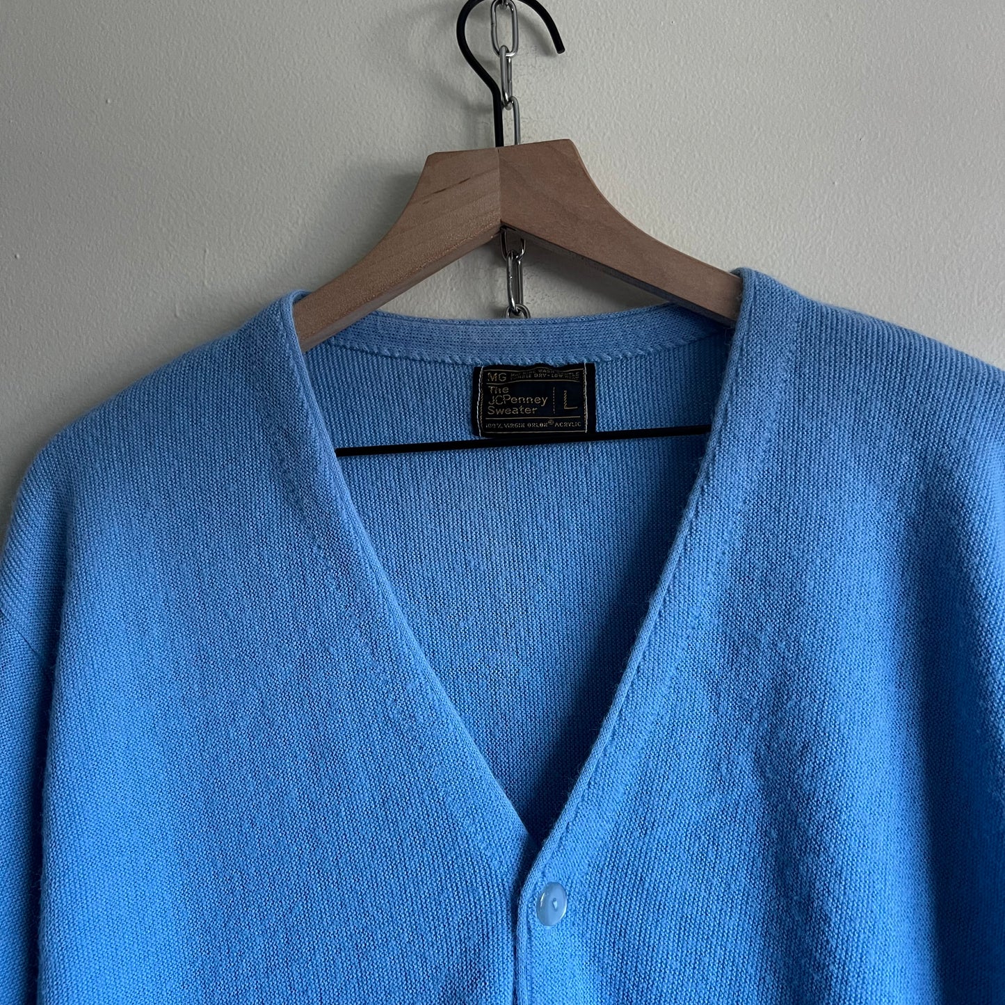 Large 70s JCPenny blue acrylic cardigan