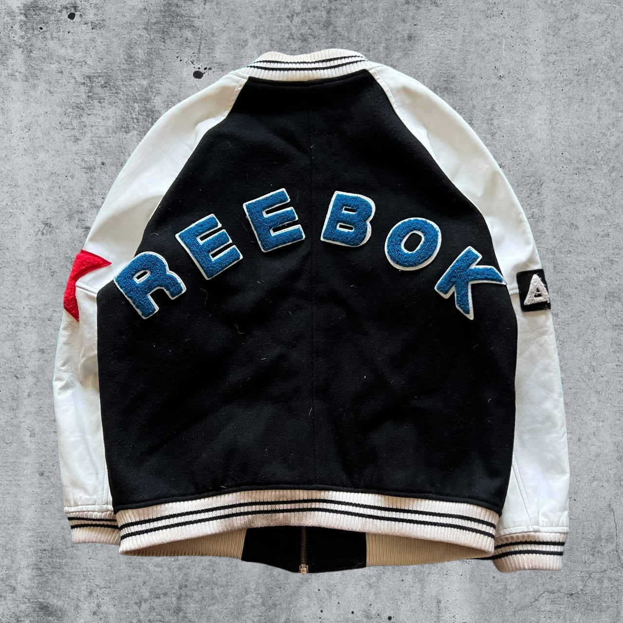 Medium 90s Black Wool & White Leather Reebok Patch Jacket